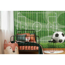 Fototapete eines Fußballfeldes mit grünem Gras, perfekt für ein Kinderzimmer.