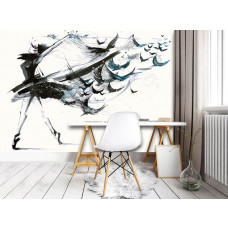 Fototapete mit Ballett tanzenden Vögeln und Raben im Kunststil, geeignet für das Büro.