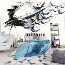 Fototapete mit Ballett tanzenden Vögeln und Raben im Schlafzimmer.