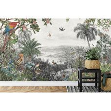 Eine Fototapete mit Vögeln und Schmetterlingen in einem dichten Dschungel, angezeigt in einem Schlafzimmer.