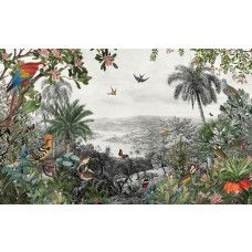 Fototapete mit Vögeln und Schmetterlingen in einem üppigen Dschungel, umgeben von Dschungel- und Regenwaldpflanzen.