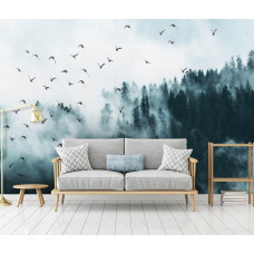 Eine Fototapete von Vögeln im Nebel in einem Wald mit Bäumen im Wohnzimmer zu sehen.