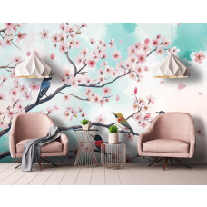 Fotobehang vogels op bloesemtakken in woonkamer met zachte kleuren en vrolijke vogeltjes.