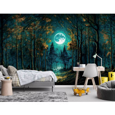 Eine Fototapete mit einem magischen Märchenwald mit Vollmond, ideal für ein Kinderzimmer.