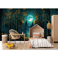 Eine Fototapete mit einem stimmungsvollen Märchenwald mit Vollmond, besonders für ein Mädchenzimmer.