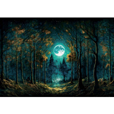 Vollmond scheint durch einen Märchenwald auf dieser Kindertapete, mit einer magischen Atmosphäre nächtlicher Abenteuer.