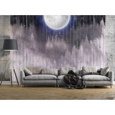 Eine Fototapete von einem Vollmond über Regalen und einem Wald mit Bäumen im Wohnzimmer gesehen.