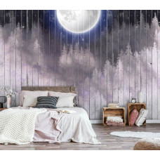 Eine Fototapete von einem Vollmond über Regalen und einem Wald mit Bäumen im Schlafzimmer gesehen.