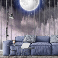 Eine Fototapete von einem Vollmond über Regalen und einem Wald mit Bäumen im Wohnzimmer gesehen.