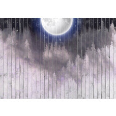 Fototapete von einem Vollmond über einem Wald mit Bäumen, vor einem hölzernen Hintergrund aufgenommen.