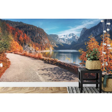 Ein Fototapete des Vorderer Gosausees und der umliegenden Berge, dargestellt in einem Büro.