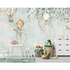 Eine Fototapete von einem Fuchs und einem Kaninchen mit Heißluftballons in einem Babyzimmer.