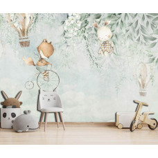 Eine Fototapete von einem Fuchs und einem Kaninchen mit Heißluftballons in einem verspielten Kinderzimmer.