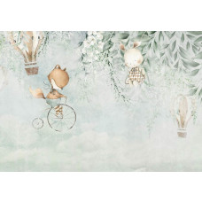 Eine Fototapete von einem Fuchs und einem Kaninchen, dargestellt in der Luft mit Heißluftballons.