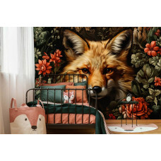 Eine Fototapete mit einem Fuchs inmitten von Blumen im Kinderzimmer.