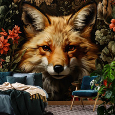 Eine Fototapete mit einem Fuchs inmitten von Blumen im Wohn- und Schlafzimmer.