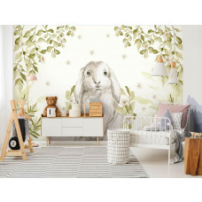 Fototapete mit einer weichen und harmonischen Darstellung von Waldtieren in einem malerischen Stil. Eine süße Wahl für ein Babyzimmer.