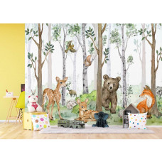 Eine fröhliche Fototapete mit Waldtieren im Kinderzimmer, schafft eine spielerische und gemütliche Atmosphäre für Kinder.