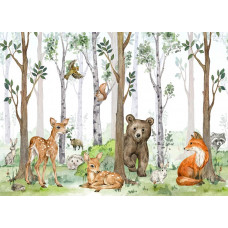 Fototapete mit fröhlichen Waldtieren wie einem Bären, einem Reh und einem Fuchs in einer verspielten Umgebung, perfekt für einen freundlichen und lebendigen Look.