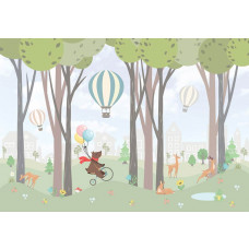 Fototapete mit fröhlichen Waldtieren und Heißluftballons in einer verspielten Umgebung, perfekt für einen freundlichen und abenteuerlichen Look.