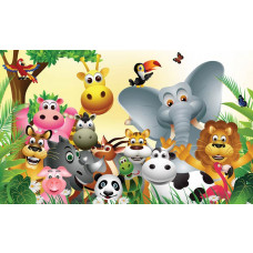 Fröhliche Tiere aus dem afrikanischen Dschungel auf Fototapete, bunt und verspielt.