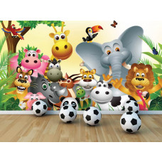 Eine Fototapete mit fröhlichen Tieren in einem afrikanischen Dschungel für das Kinderzimmer.