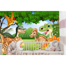 Eine Fototapete mit lebhaften Dinosauriern in einem Babyzimmer.
