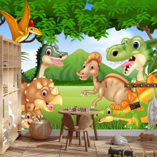 Eine Fototapete mit fröhlichen Dinosauriern in einer Dschungelumgebung, abgebildet in einem Jungenzimmer.
