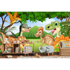 Eine Fototapete mit verspielten Dinosauriern in einer Kinderumgebung.