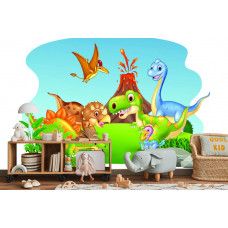 Eine Fototapete mit verspielten Dinosauriern in einer Vulkanlandschaft, ideal für ein Kinderzimmer.