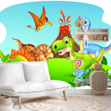 Eine Fototapete mit bunten Dinosauriern vor einer Vulkanlandschaft in einem Spielzimmer.