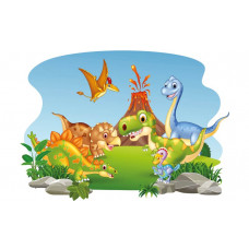 Dinosaurier vor einem aktiven Vulkan, umgeben von prähistorischer Natur, dargestellt auf einer fröhlichen Fototapete.