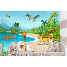 Eine Fototapete mit fröhlichen Dinosauriern in einer Wasserlandschaft, die in einem Babyzimmer angezeigt wird.