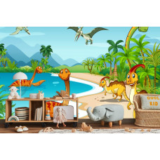 Eine Fototapete mit bunten Dinosauriern in einer natürlichen Umgebung, die in einem Kinderzimmer angezeigt wird.