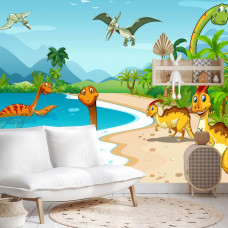 Eine Fototapete mit verspielten Dinosauriern am Wasser, die in einem Spielzimmer angezeigt wird.