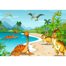 Eine Fototapete mit fröhlichen Dinosauriern, die im Wasser spielen, umgeben von der Natur, auf dieser verspielten Fototapete.