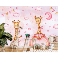 Eine Fototapete mit fröhlichen Giraffen in den Wolken mit einem Regenbogen in einem Babyzimmer.