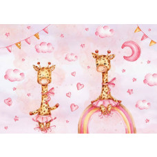 Fröhliche Giraffen schweben in den Wolken unter einem Regenbogen, dargestellt auf einer verspielten Fototapete für Kinder.