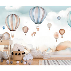 Eine Fototapete mit fröhlichen Heißluftballons für Kinder in einem Kinderzimmer.