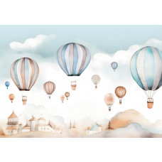 Fröhliche Heißluftballons, die durch den Himmel schweben, speziell für Kinderzimmer entworfen, abgebildet auf dieser bunten Fototapete.