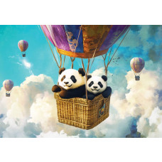 Fotobehang met vrolijke panda’s in een luchtballon tussen de wolken.