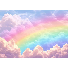 Fotobehang met een kleurrijke regenboog die straalt tussen roze wolken in een fantasierijke hemel.