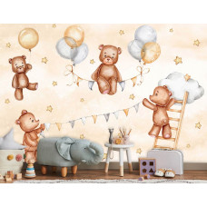 Fototapete mit lustigen Teddybären in den Wolken mit Sternen im Kinderzimmer.