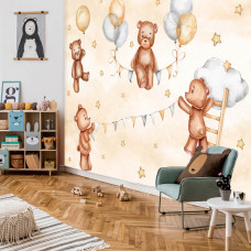 Fototapete mit lustigen Teddybären in den Wolken mit Sternen im Kinderzimmer.