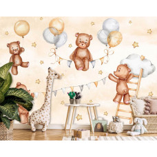 Fototapete mit lustigen Teddybären in den Wolken mit Sternen im Kinderzimmer.