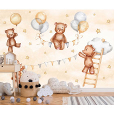 Fototapete mit lustigen Teddybären in den Wolken mit Sternen auf Vliestapete im Kinderzimmer.