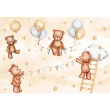 Fototapete mit lustigen Teddybären, die zwischen Wolken und Sternen schweben, entworfen für Kinderzimmer.