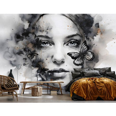 Eine Fototapete mit einem Kunstgemälde einer Frau und eines Schmetterlings in einem Schlafzimmer, mit warmen Farben.