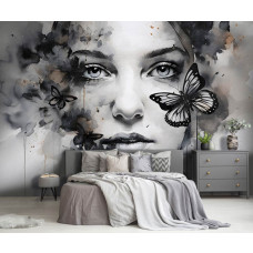 Eine Fototapete mit einem Kunstgemälde einer Frau und eines Schmetterlings in einem Porträt auf Vliestapete im Schlafzimmer mit sanften Farbtönen.