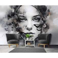 Eine Fototapete mit einem Kunstgemälde einer Frau und eines Schmetterlings in einem Porträt in einem ruhigen Wohnzimmer.